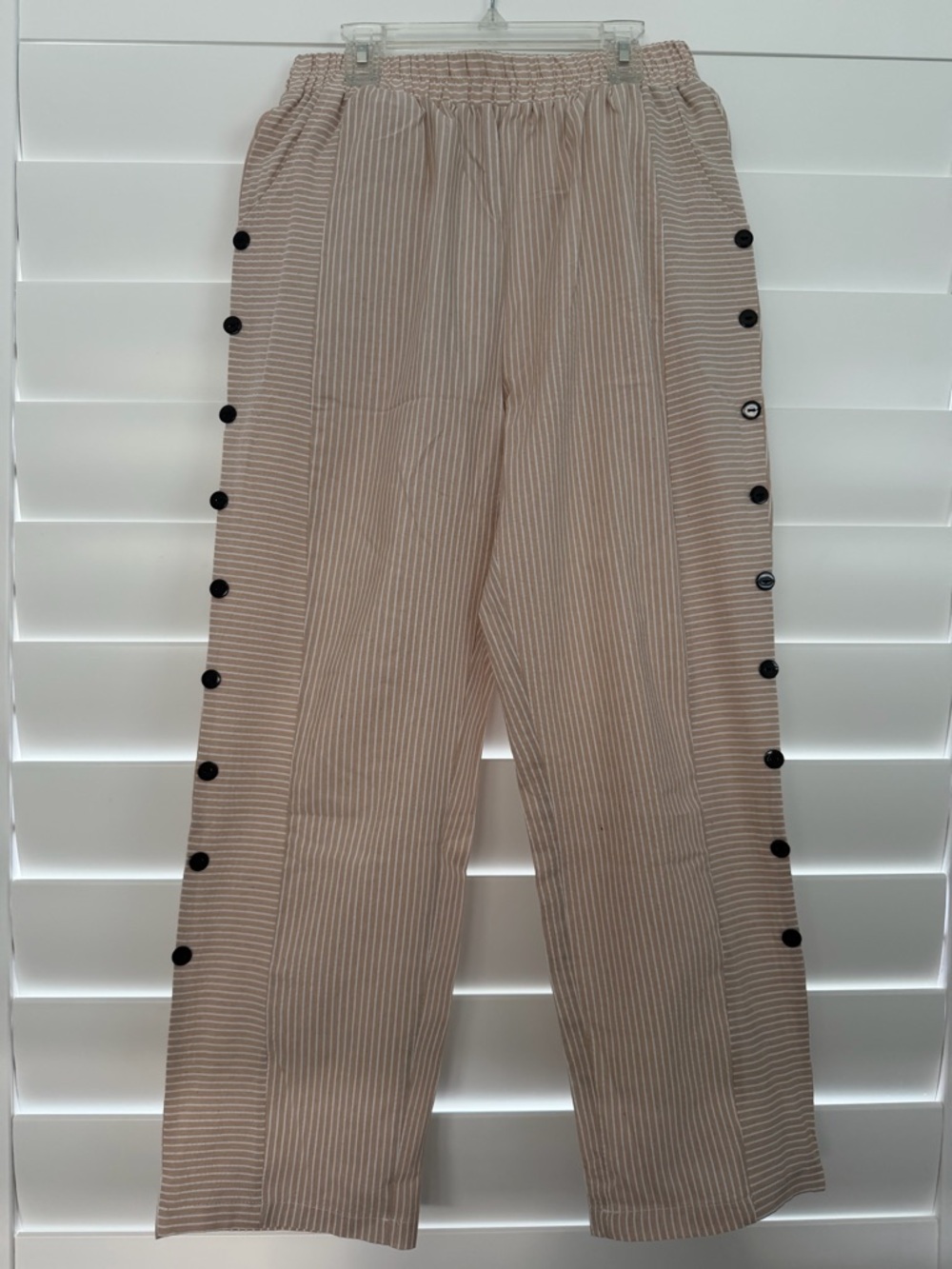 Beige Striped Pull-On Pants with Side Buttons